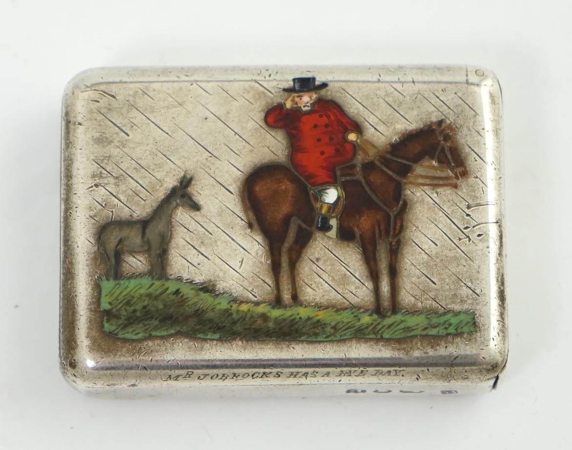 A late Victorian silver and enamel vesta case, by Edmonds & Johnson, Inscribed 'Mr Jorroks has a bye day'